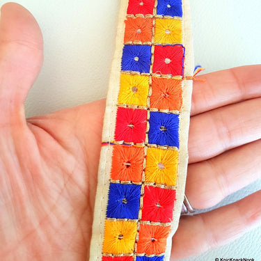 Beige Trim With Blue, Yellow, Red And Orange Square Pattern Embroidery